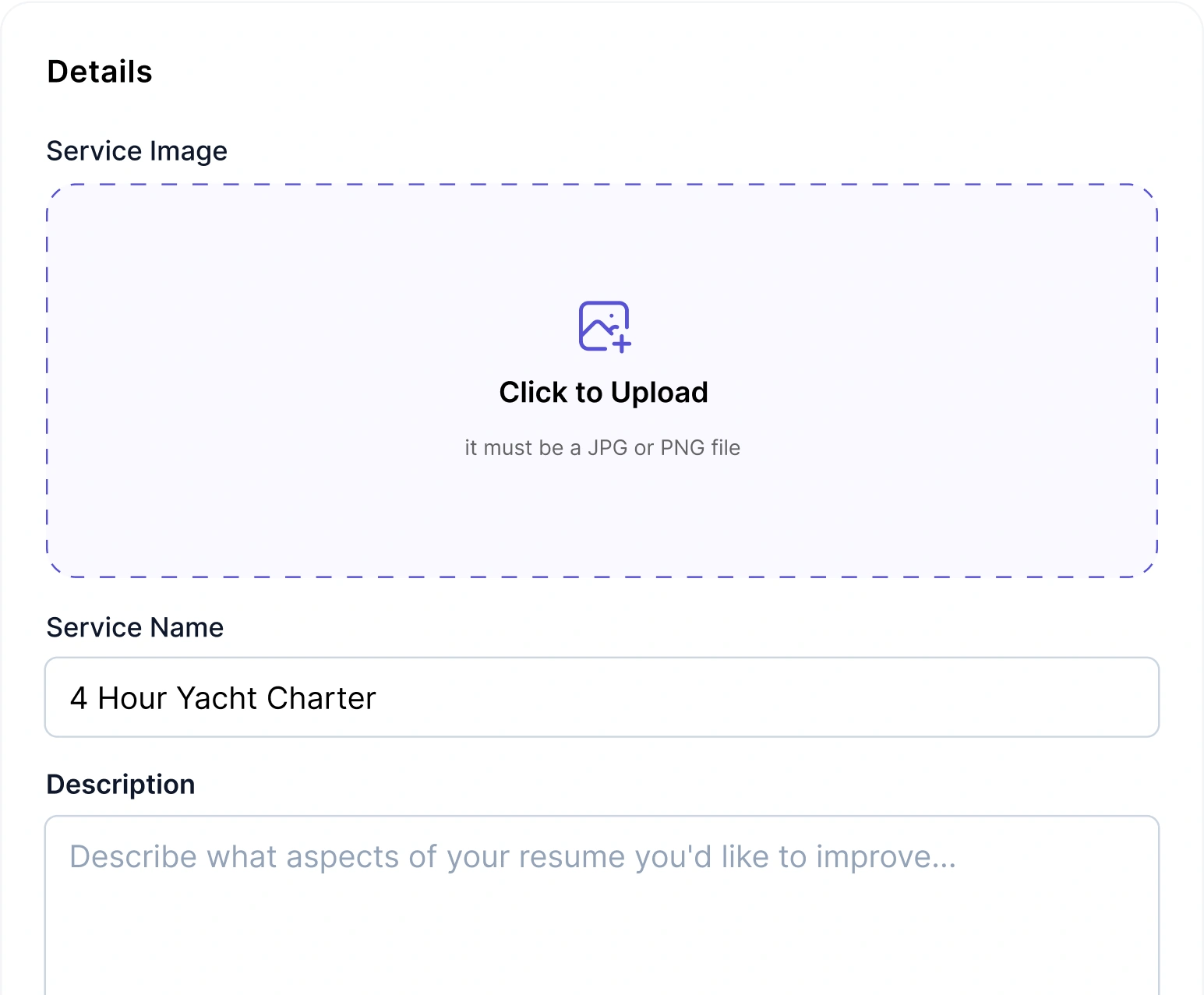 Service setup interface